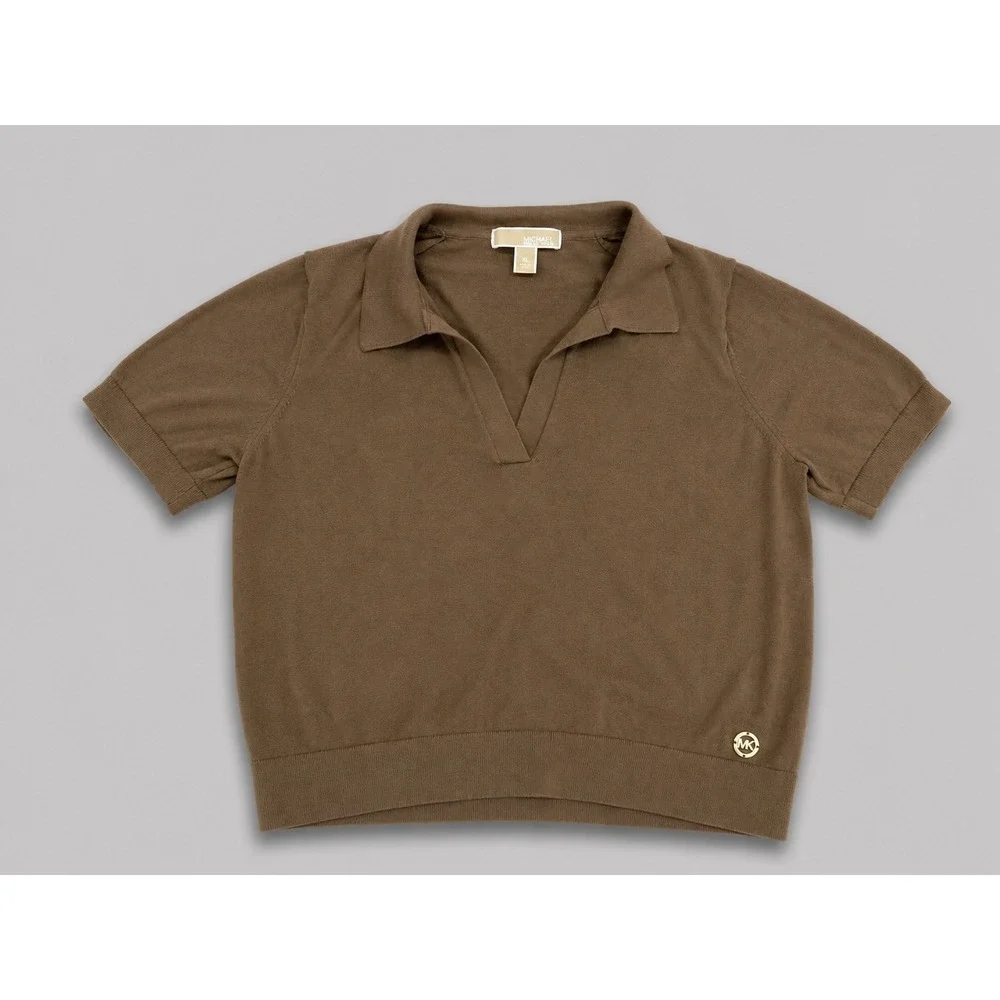 Michael Kors Polo Sweater Women XL Brown Excellent V-Neck Knit Logo Charm